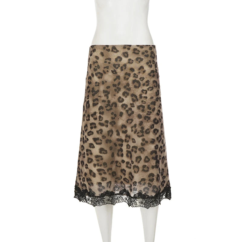 Women’s Leopard Print Midi Skirt Elegant Lace Hem Half Skirt Y2K Vintage Bodycon High Waist Mesh Patchwork Knit Skirt Streetwear