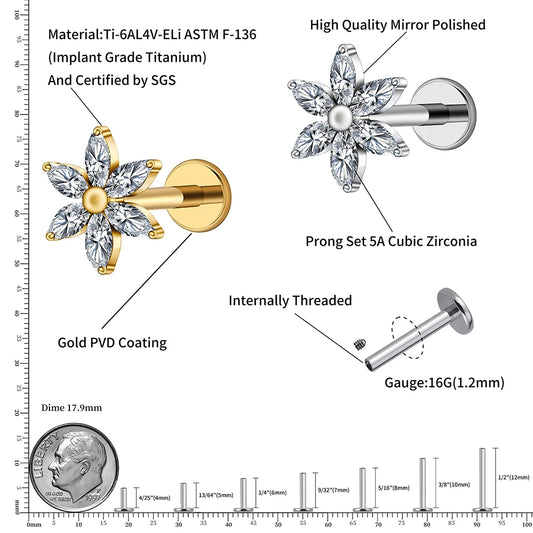 Right Grand ASTM F136 Titanium 16G Marquise Flower CZ Labret Stud Helix Conch Cartilage Tragus Flat Back Piercing Body jewelry