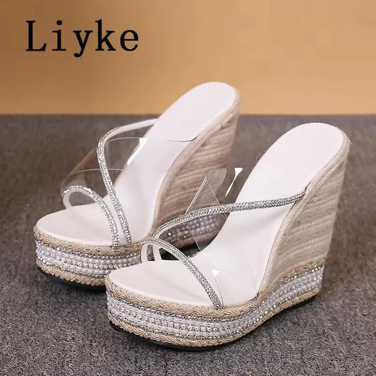 Liyke 2026 New Fashion Square Toe Platform Wedge Sandals Crystal Rhinestone Strap Designer High Heels Transparent Shoes Women