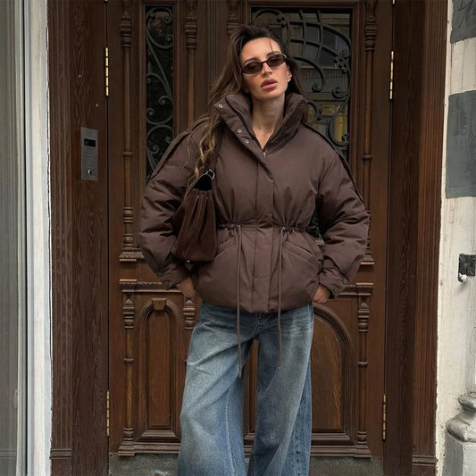 Women Brown Drawstring Waist Puffer Jacket Stand Collar Warm Cotton Padded Coat Casual 2026 New Oversized Winter Parka Outerwear