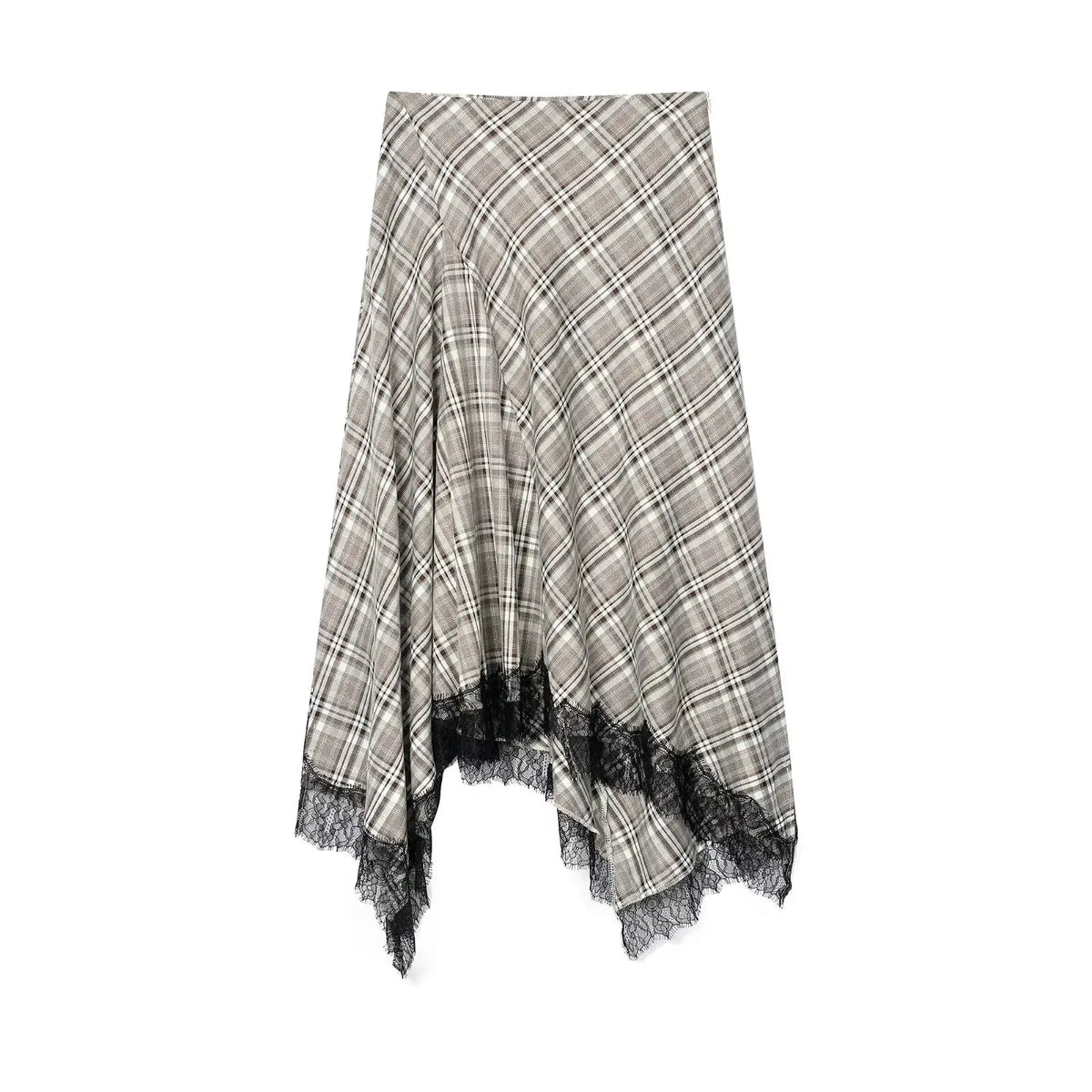 Spring Summer Women's Plaid Asymmetry Skirts Female Vintage Skirts Chic Lace Splice Midi Skirts Lady Casual Ruched Skirt