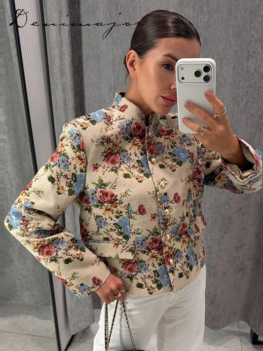 Fashion Flowers Print Coat Women's Stand Collar Single-breasted Full Sleeve Loose Jacket 2026 Autumn New Lady Vintage Streetwear