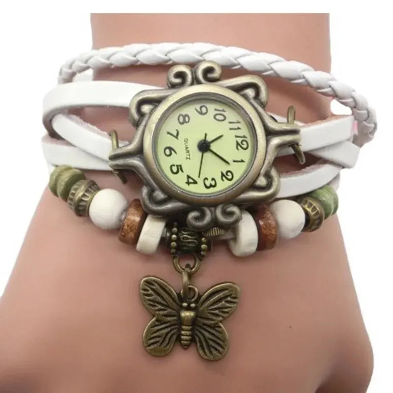 Fashion Retro Leather Strap Butterfly Pendant Women Bracelet Watch