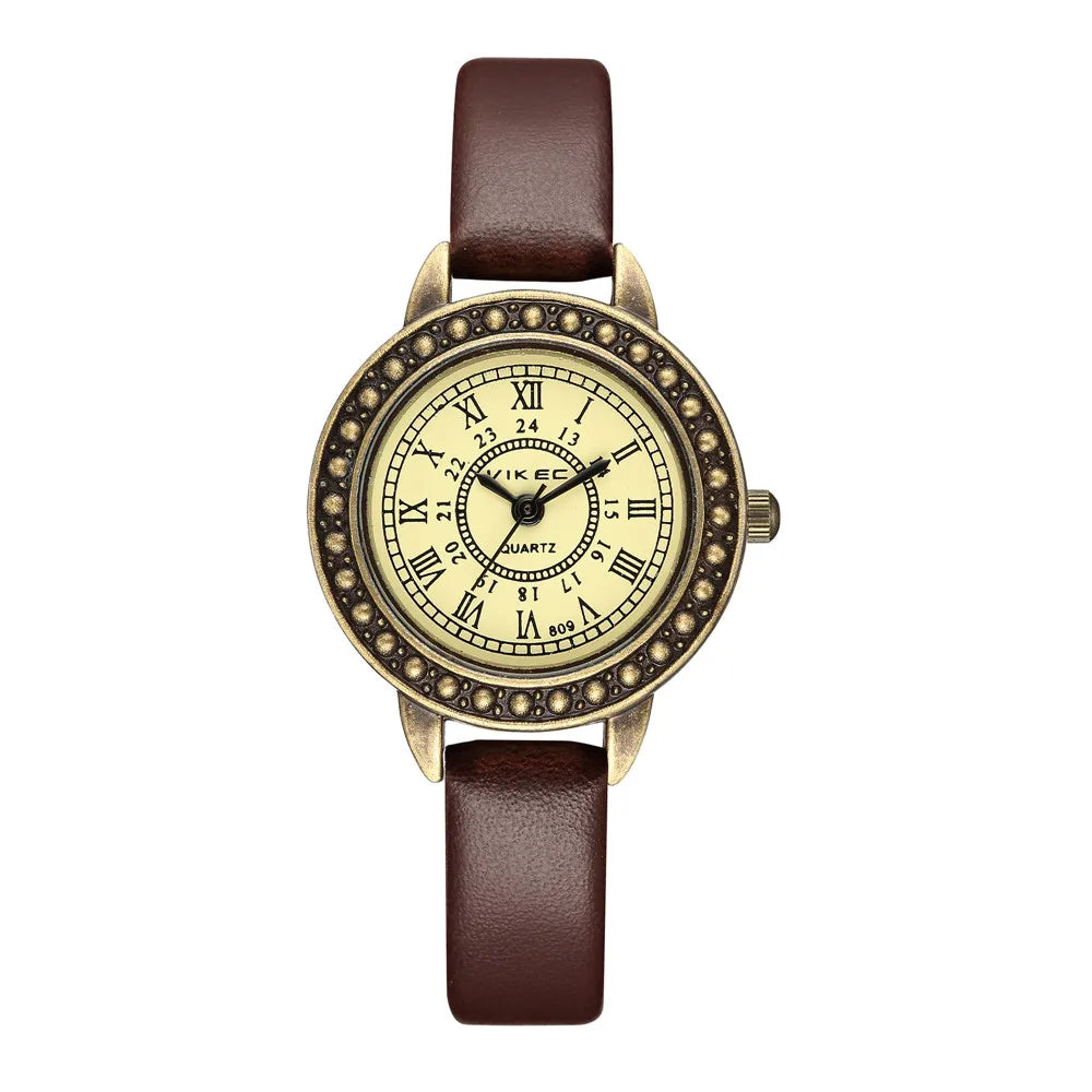 Vintage Women Leather Watch Slim PU Leather Roman Scale Quartz Watch