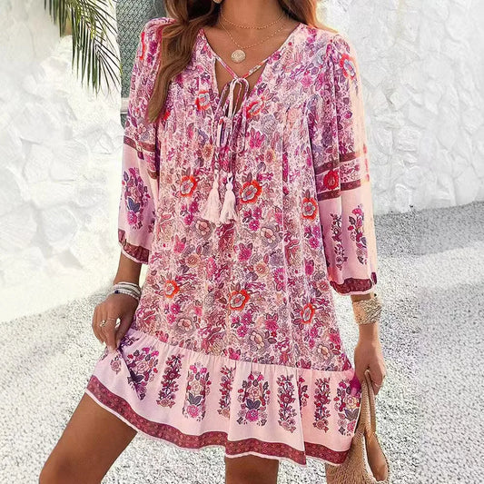 Bohemian Fringed Women's 7 Quarter Sleeved Dress Spring Summer New Casual Loose Simple Retro Printed Beach Vacation Dresses 2026