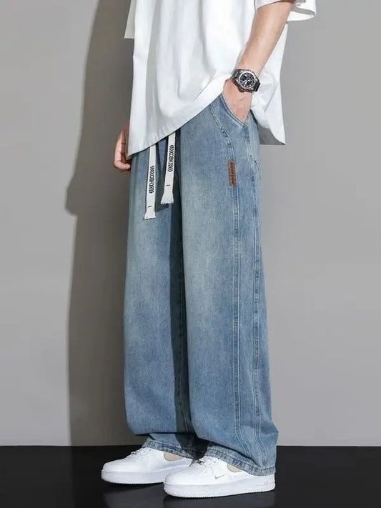 Summer Thin Denim Jeans Elastic Waist Large Size American Loose Slimming Wear Resistant Long Casual Men's Pants Cotton Blend