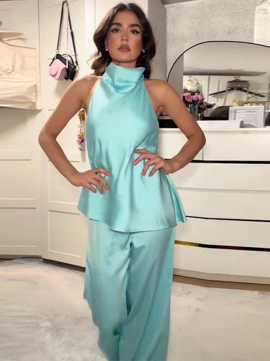 Solid Satin Halter Draped Collar Jumpsuit Backless Sleeveless Loose Top Wide Leg Pants 2026 Summer Autumn Fashion Women Outfits
