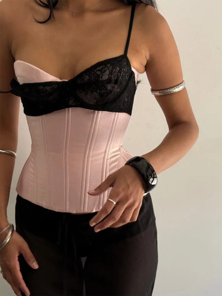 Women Lace Satin Sexy Corset Spaghetti Strap Bustier Sheer Mesh Patchwork Sling Vest Elegant Evening Party Date Outfit 2026