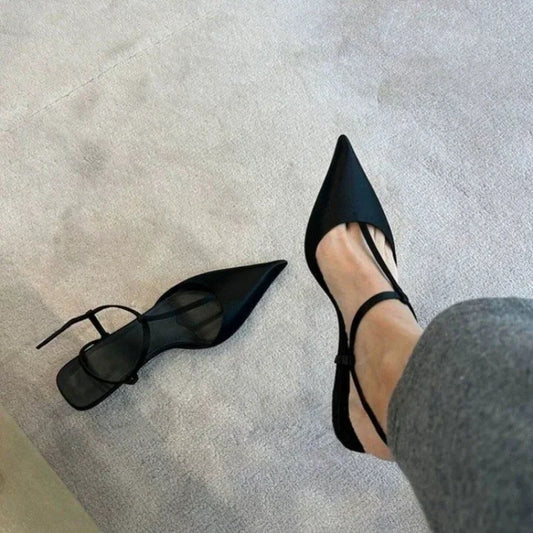 Pointed Fabric Low Heeled Sandals for Women in Summer, Solid Color with Toe Cover and Back Empty,Casual Sandals for Women