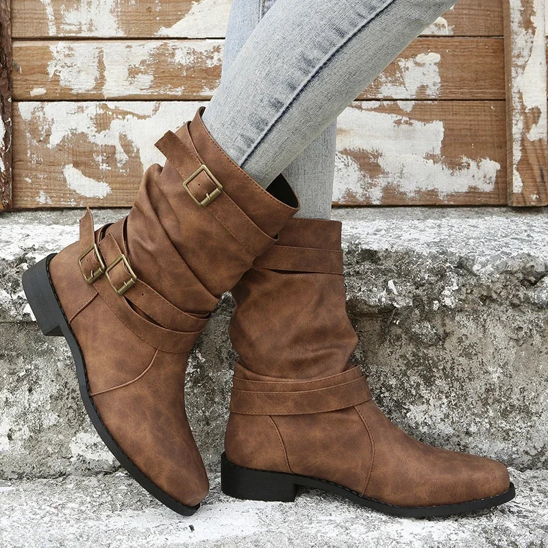 Autumn Winter Ladies Short Boots Belt Buckle Decorated Cowboy Boots Wedge Heel Thick Sole Non-Slip Outdoor Boots Travel