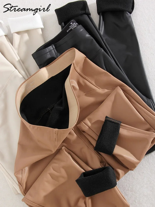 Winter Thin Fleece Pu Leather Leggings For Women High Waist Stretch Basic Faux Leather Pants Velvet Black PU Warm Legging Women