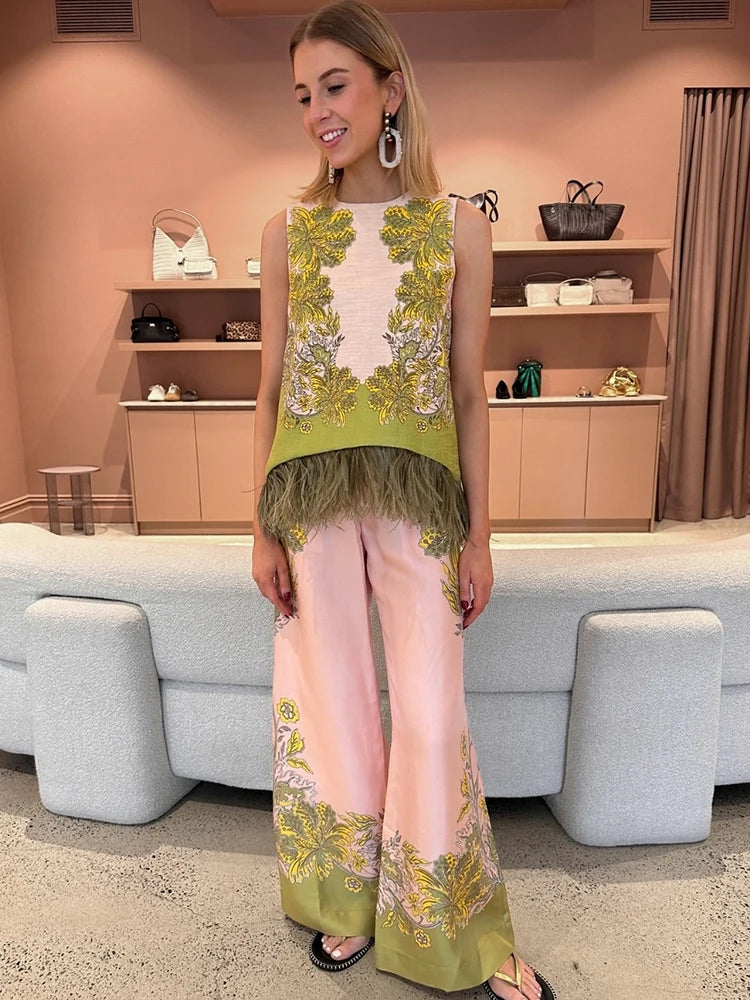 Fashion Printed Feather‑Trim Sleeveless Top Midi Skirt Straight‑Fit 2026 Summer Women Beach Outfit Warm Casual Lady 2‑Piece Set