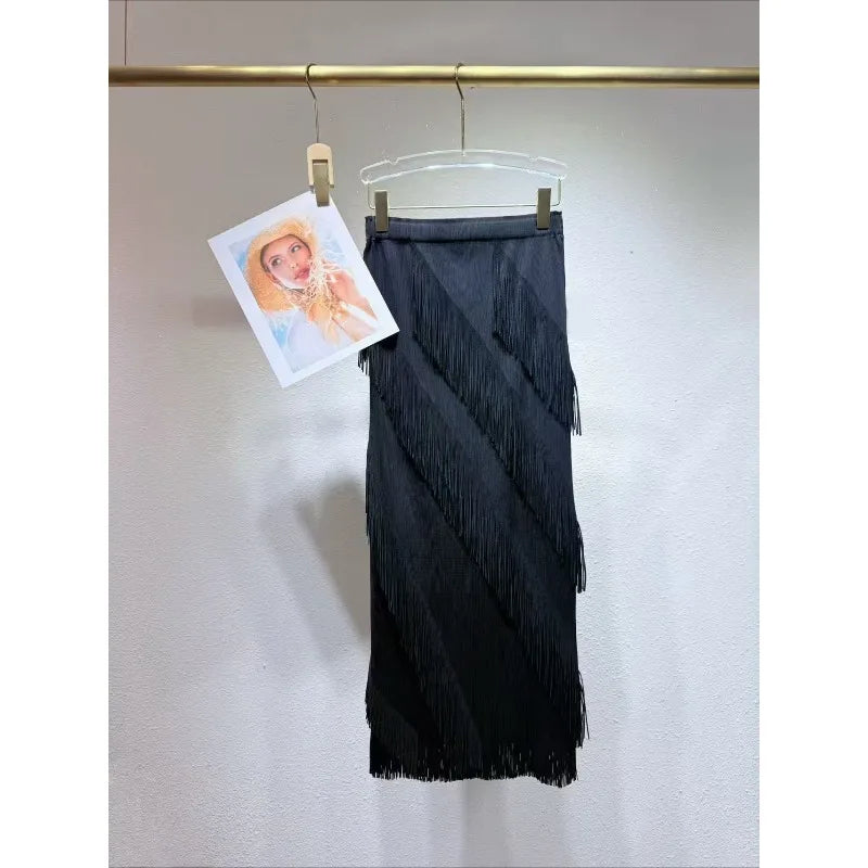 2026 Summer Pleated Tassel Skirt Solid Color Fashion Irregular Slanted fold Jupe Edge Tassel Casual Slim Fit Versatile Skirt
