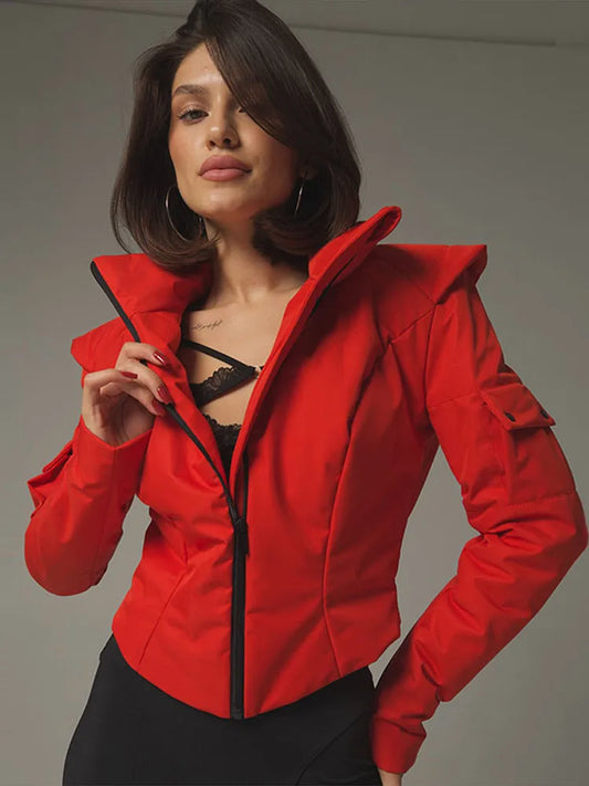 Solid Fitted Cropped Puffer Jacket High Collar Zipper Arm Cargo Pocket Shoulder Padded Quilted Coat 2026 Winter Warm Streetwear