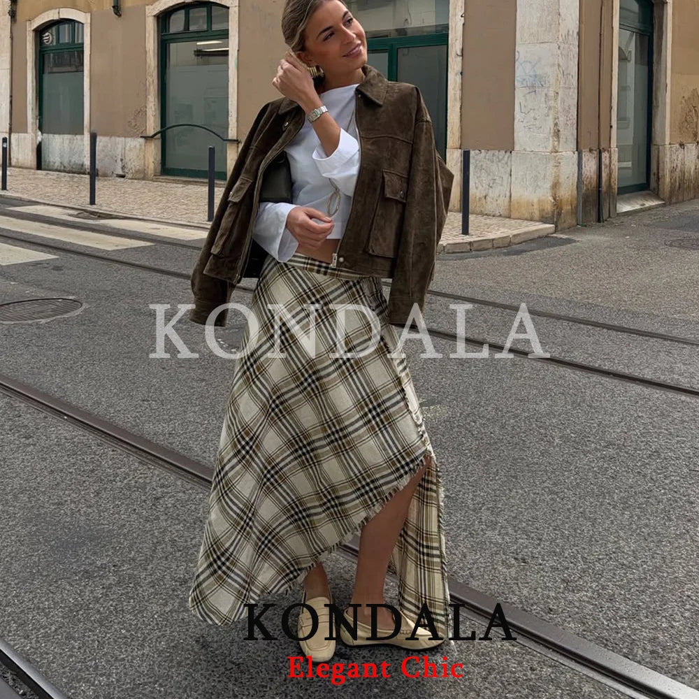KONDALA Women Trendy Holiday Midi Skirt Asymmetric Plaid Split Fork Skirt Fashion 2026 Spring Summer Streetwear Party Lady Skirt
