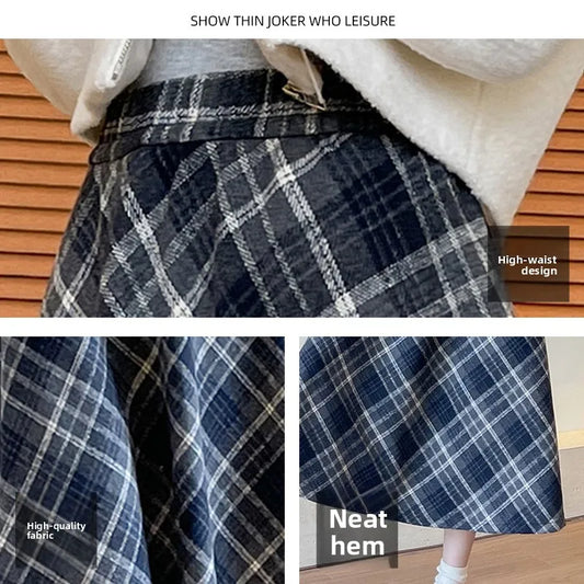 Plaid Woolen Skirt Women's High Waist Slim A-Line Midi Spring Autumn Seasonal Umbrella Skirt Fashionable Ladies' Skirt