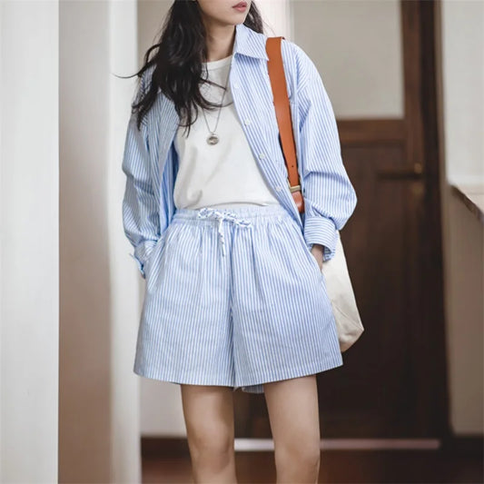 Women's Striped Cotton Shirt & Shorts Set