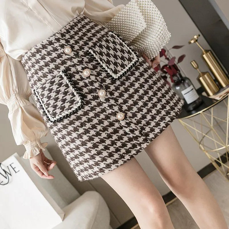 Women 2025 New Wool Houndstooth Short Skirt for Women in Autumn and Winter High-waisted Slim and Versatile A-line Hip-pack Skirt