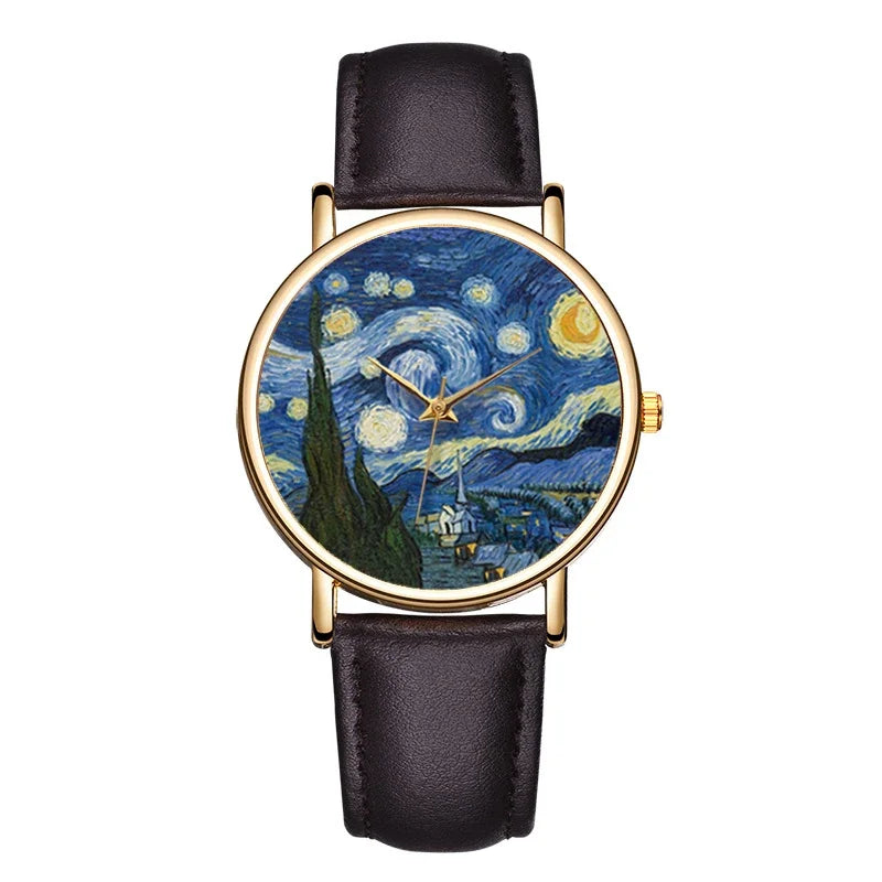 Van Gogh Painting Dial Watches for Women Men Metal Case Leather Strap Quartz Watches Artwork The Starry Night Woman Watches Gift