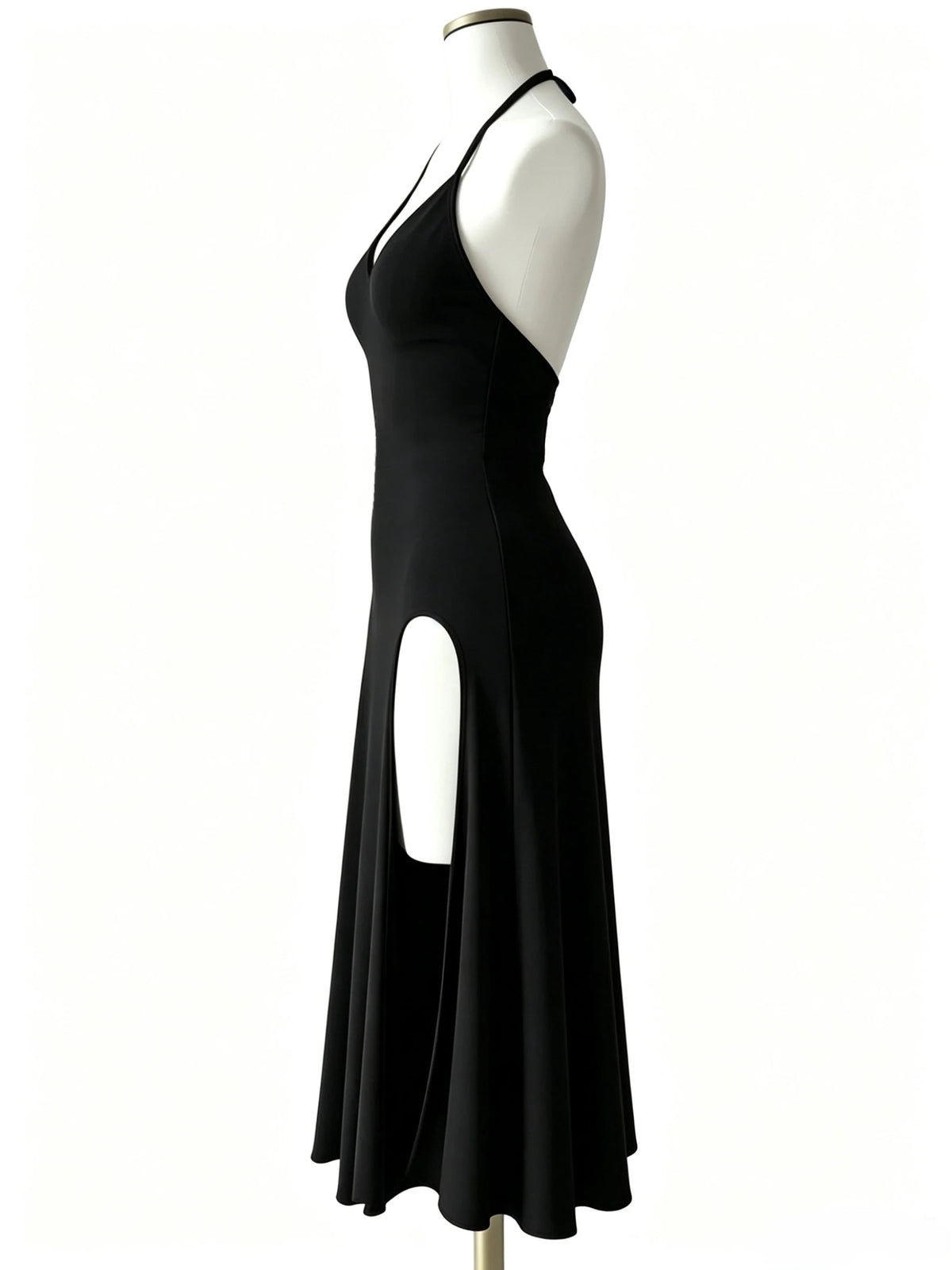Atmospheric and Stylish Little Black Dress with Thin Halter Neck, Deep V-Neck, Waist-Cinching Design, High Slits on Both Sides, and a Flowing, Slimming Long Gown