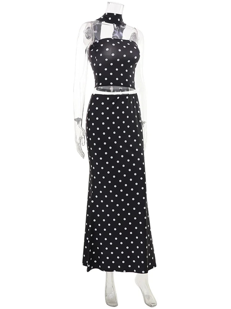 CNYISHE Dot Prints Strapless Scarf Hip Wrap Sheath Fashion Suits Elegant Women Sets Sexy Club Streetwear Trendy Female 2 Pieces