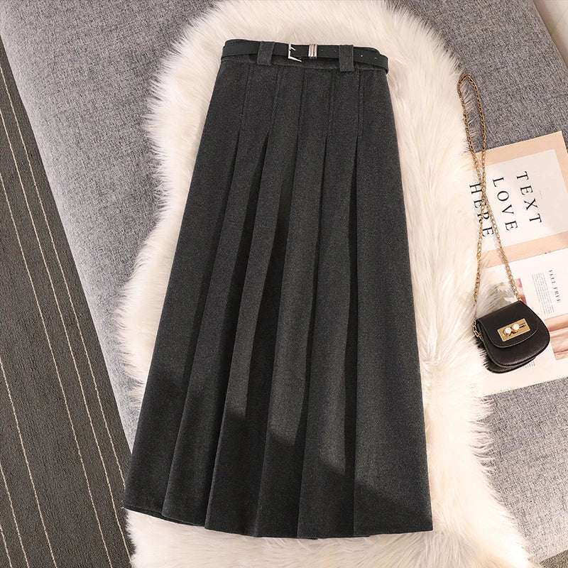 Grey woolen pleated skirt for women in autumn and winter skirt high waisted casual large hemA-line medium length skirt