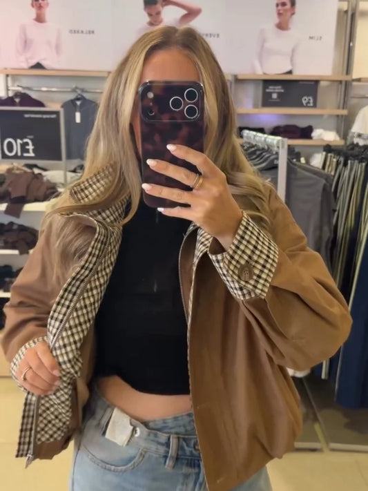 Elegant Plaid Patchwork Women's Jacket Loose Full Sleeve Stand Collar Single Breasted Outwear Female 2026 Fashion Autumn Outwear