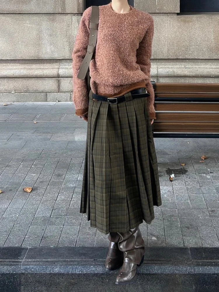 PBAP Fall Trendy Women Plaid Midi Long Skirt Green Tartan High Rise Thick Draped A-line Plaid Pleated Skirt Retro Y2k Streetwear
