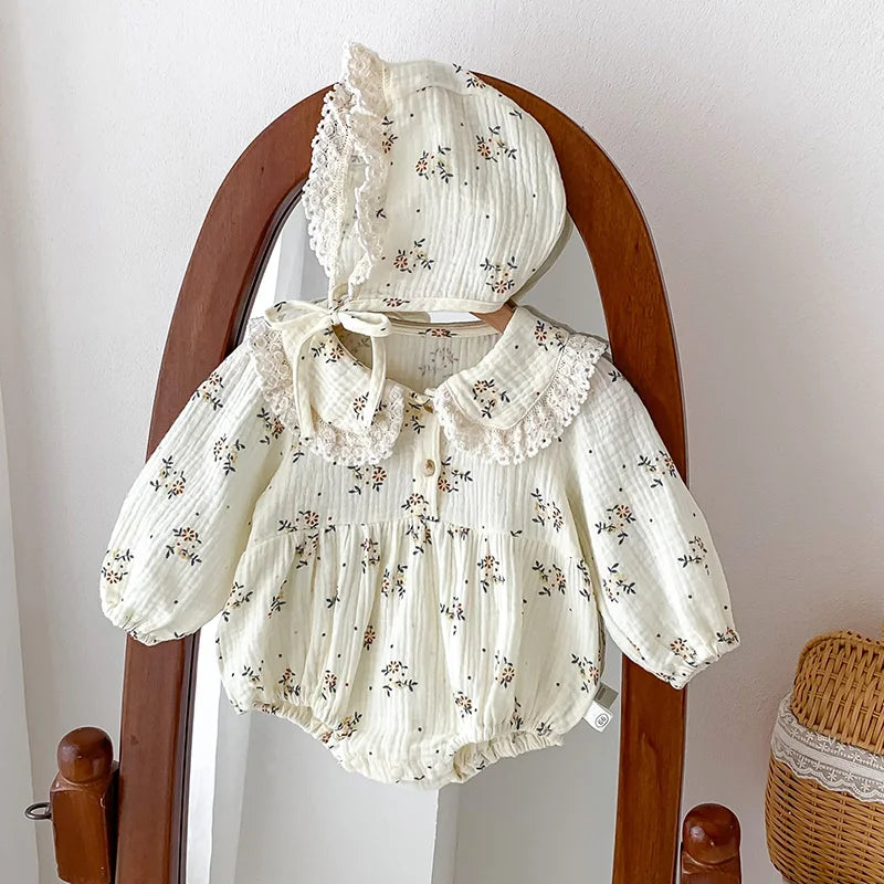 2025 Spring Newborn Infant Baby Girls Romper+Hat 2PCS Lapel Floral Rompers Kids Fashion Baby Clothing Newborn Baby Girl Jumpsuit