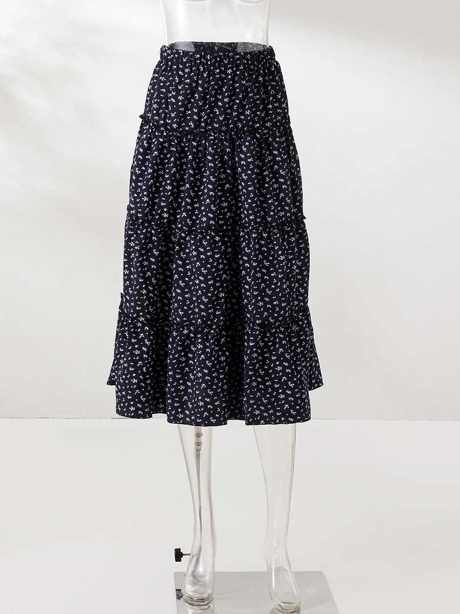 Blue Plaid Vintage Midi Skirt Women Summer New Elastic Waist Loose A-line Faldas Bottom Preppy Style Sweet Casual Long Skirts