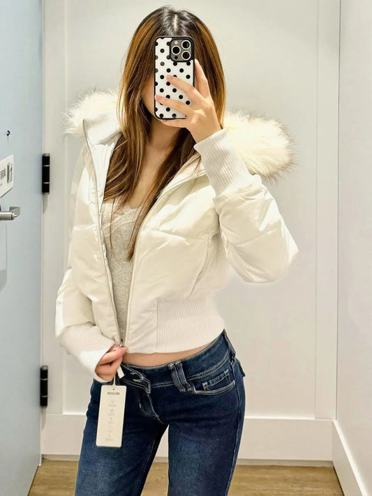 New Retro Pink Warm Fur Collar Hooded Short Women Cotton Clothing Fashionable Harajuku High Street Winter Coat for Women