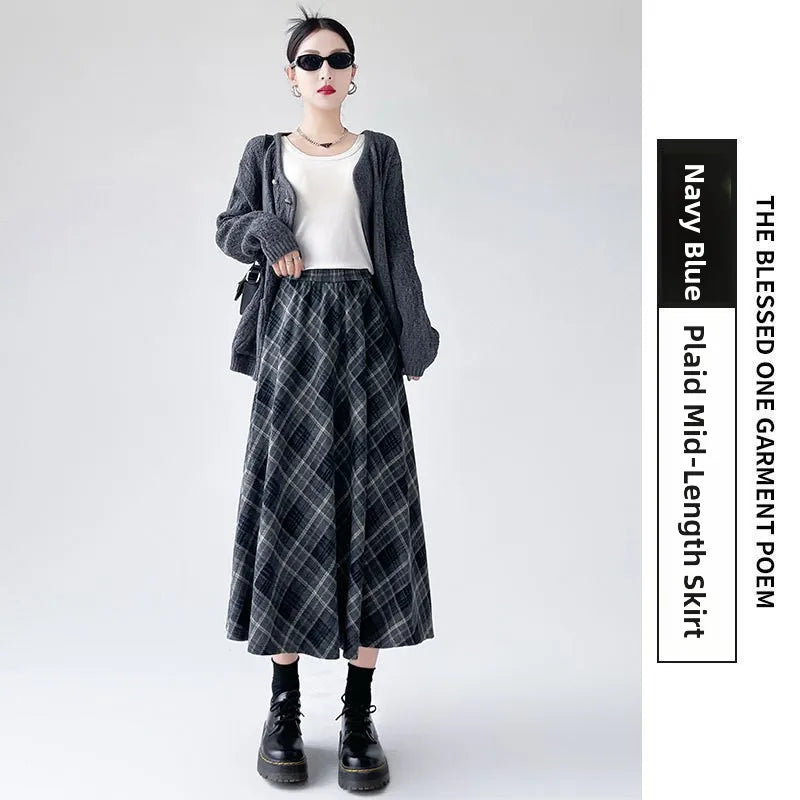 Plaid Woolen Skirt Women's High Waist Slim A-Line Midi Spring Autumn Seasonal Umbrella Skirt Fashionable Ladies' Skirt