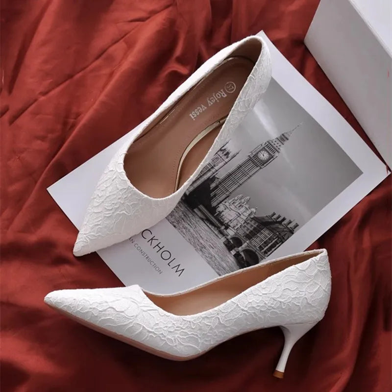 Elegant White Lace Wedding Dress High Heels Women's Stiletto Heels Bridesmaids Banquet Pumps Small Size Girl High Heels 31 32 33