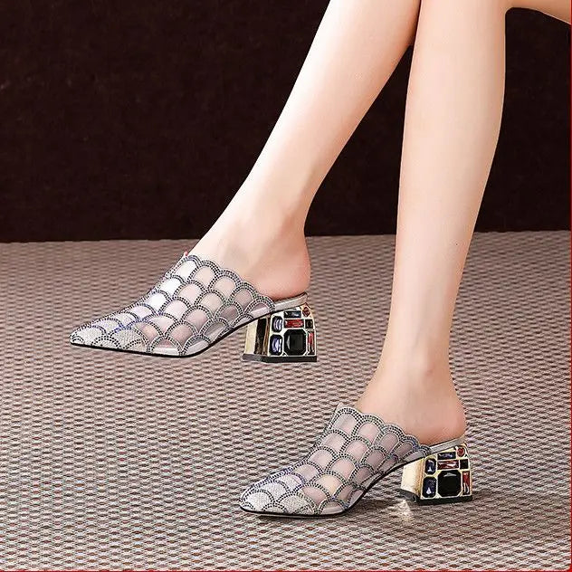 Crystal Half Slippers Female Thick Heels 2023 New Summer Fashion Outside Wear Medium Heel Mesh Cool Female Soft Baotou Sandals