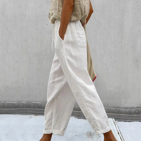 Mid-rise Elastic Waistband Drawstring Pockets Wide Leg Women Pants Vintage Solid Color Casual Pants Loose Trousers Female
