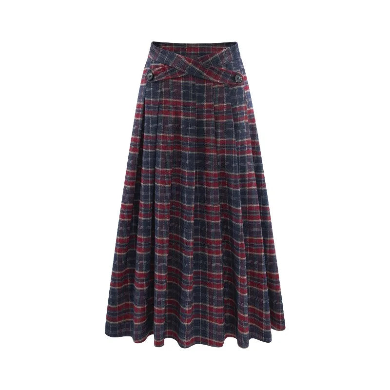 Vintage Plaid Pleated Long Skirt Women Lady High Waist A-Line Midi Skirt Preppy Elegant Winter Casual Daily Wear Style Outfit