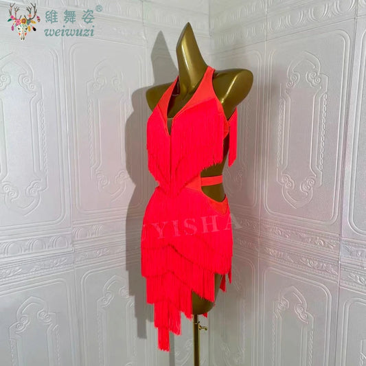 Latin Dance Competition Show Custom Adult Children's Red Fringe Dance Dress Ballroom Rumba Chacha Tango Performance Wear