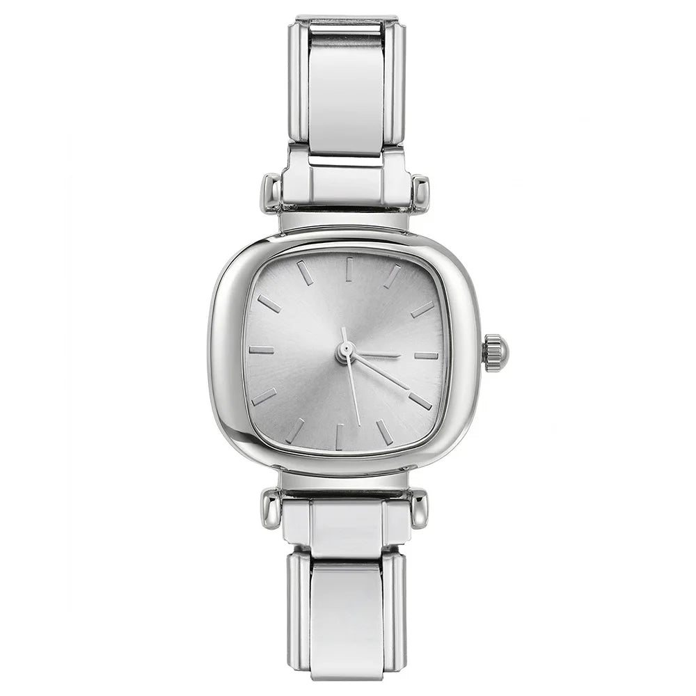 Classic Square Quartz Watch Dial & Connector Stainless Steel Italian Charm Link Fashion Jewelry for Women Men Xmas Gifts ICW070