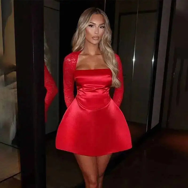 Dresses Lace Patchwork Waist Wrap A-line Dress Women Mini Autumn Winter Dress Backless Nightclub Sexy Party Dresses