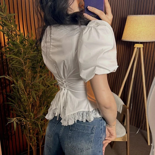 Puff Sleeve Lace Splice T Shirt Women Fashion Lace Up Short Sleeve Summer Slim Casual Commute