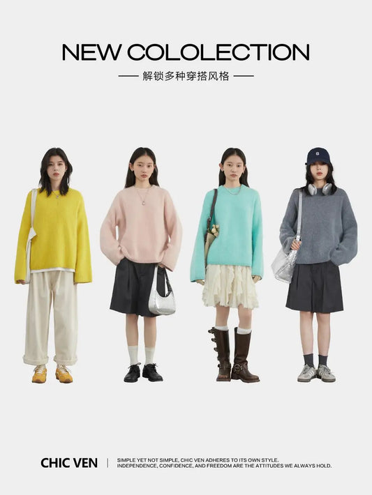 CHIC VEN Women Sweaters Loose Casual O Neck Rabbit Hair Sweater Pullovers Solid Knitted Jumpers Female Top Autumn Winter 2025