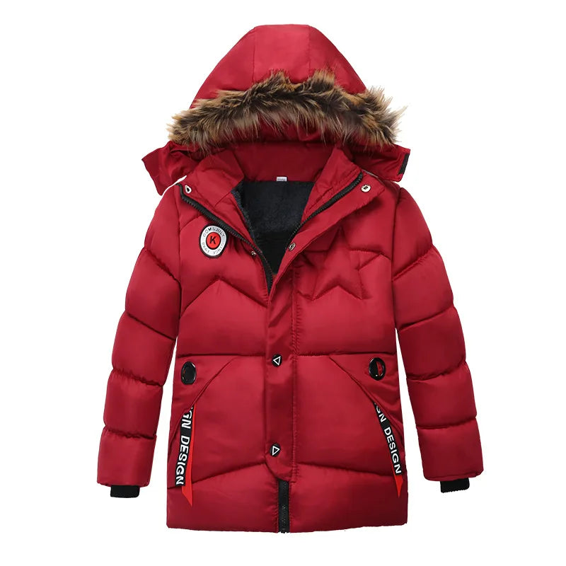 2-8 Years Winter Boys Jacket Thick Keep Warm Lining Plush Detachable Hat Hooded Fur Collar Coat For Kids Children Outerwear