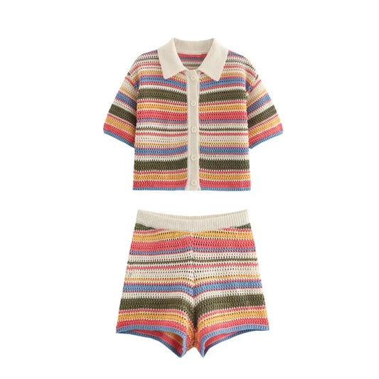Color Stripe Knit Set Women Short Polo Neck Crop Top Retro Beach Shorts 2025 Summer Vacation Matching Outfit