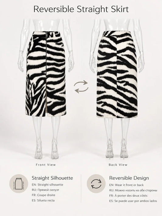 Tossy Women's Zebra Print Midi Skirt High Waist Pencil Front Zipper Side Slit Casual Daily Streetwear Faux Fur Plush Fall Skirt