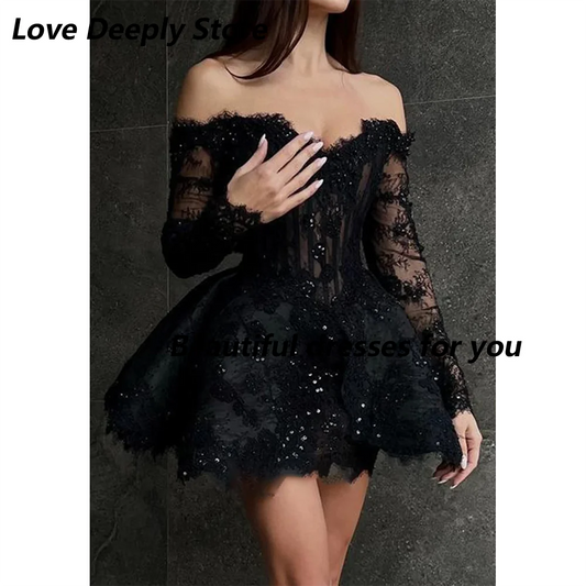 Black Lace Mini Cocktail Dresses for Woman Customized Sweetheart Neck 3/4 Sleeves Beading Luxury Prom Party Gowns 2026