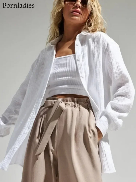 Bornladies 2025 Women's Spring Summer 100% Cotton Shirts Office Lady Fashionable Solid Lady Long Sleeve Loose Tops Crepe Shirts