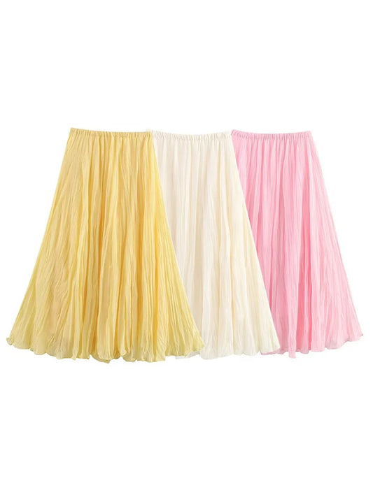 HH Fashion Summer Women's Pleated Skirts 2026 Causal Elastic Waist Solid High Waist Ruffled Skirts Ladies High Street Skirts