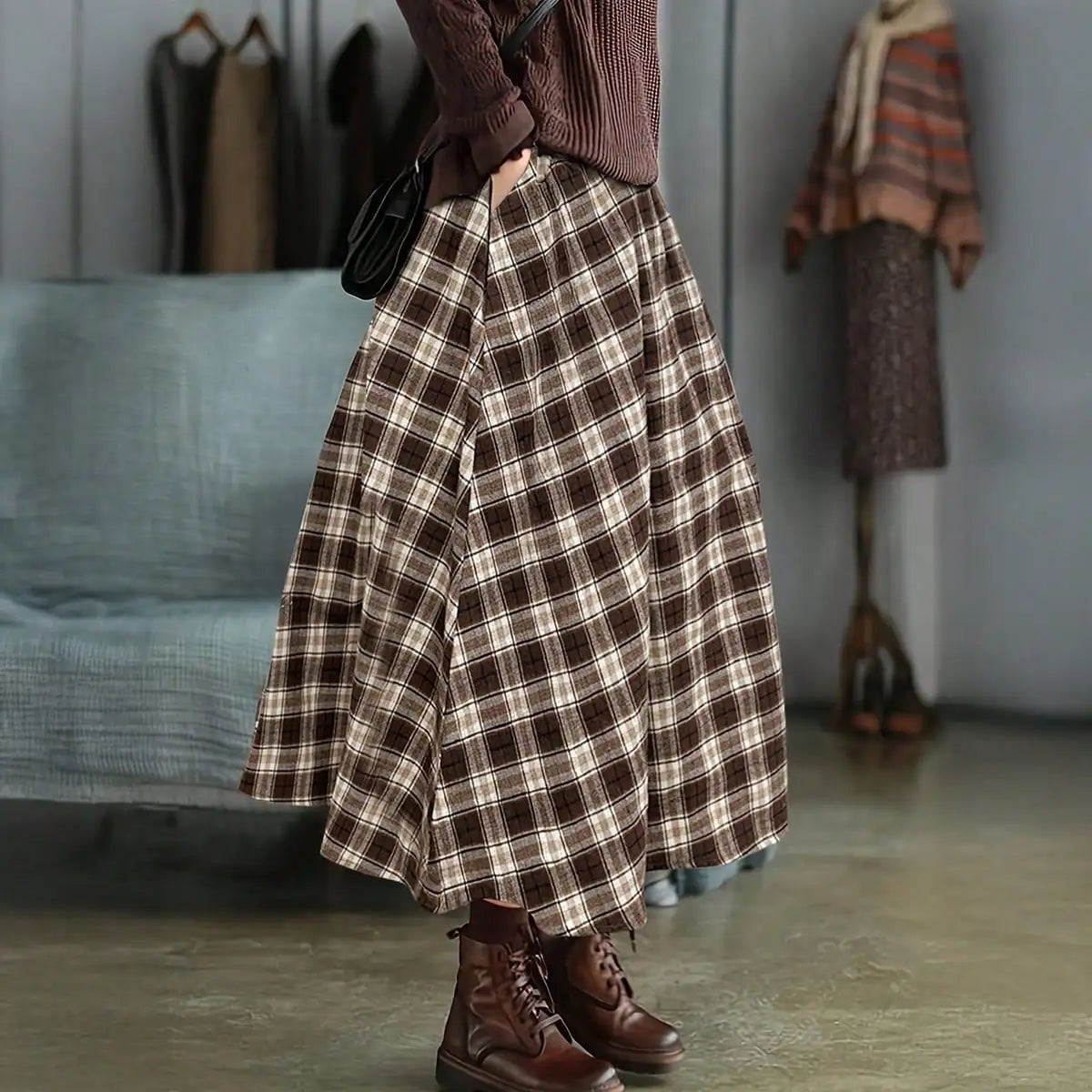 Womens Vintage Plaid Midi Skirt High Waist Elastic A Line Long Skirt Autumn Winter Casual
