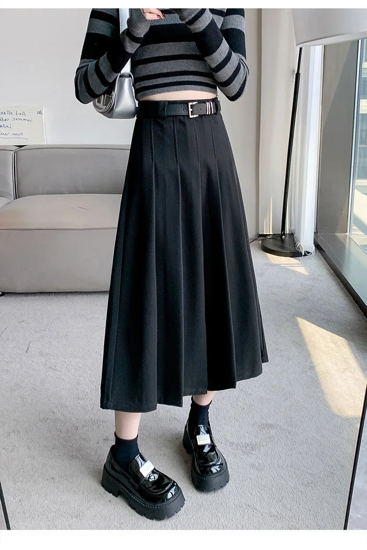 1pcs Women Skirts Vintage High Waist Elastic Pleated Skirt Black Design Chic Long A-line Skirt Spring Summer Fashion Clothes
