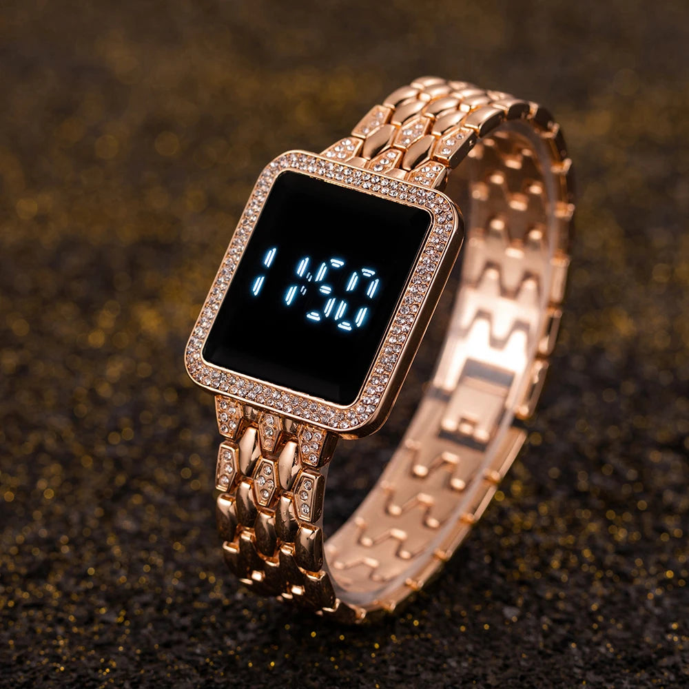 Women's Watches Top Luxury Rhinestone Digital Watches for Woman Fashion Steel Ladies Wristwatches Electronic Clock Montre Femme